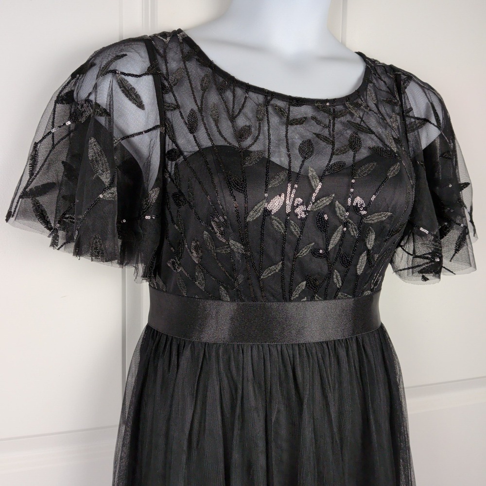 Fairy Whimsigoth Black Sequin Mesh Maxi Dress Flutter Sleeve Formal Gown Romanti